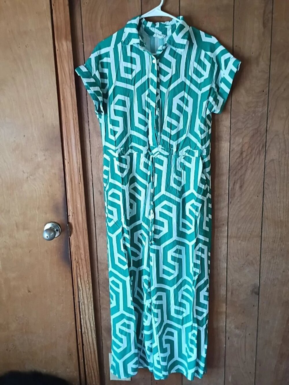 Entro Green White Geometric Jumpsuit Women’s Size S Cotton Drawstring Waist